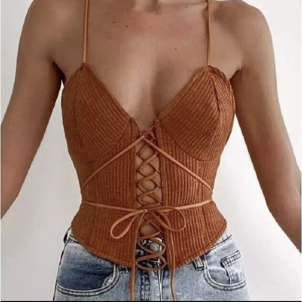 Unbranded Tops | Women Vintage Style Sexy Bandage Straps Crop Camisoles Tops Out Backless New | Color: Brown | Size: M