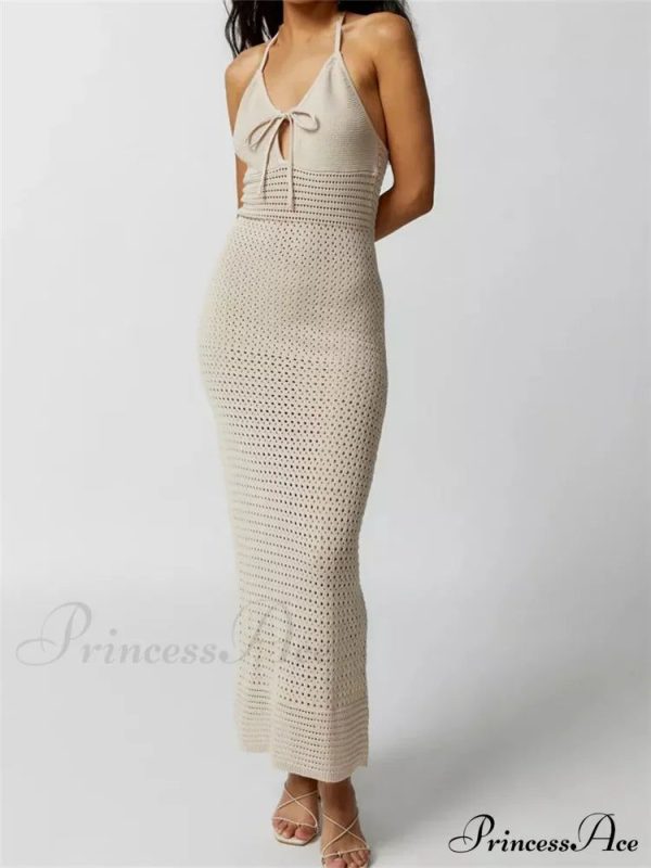 Women Knitted  Sleeveless Halter Tie-up Backless Hollow Out Summer Off Shoulder Beach Female Vestidos - BEIGE / M