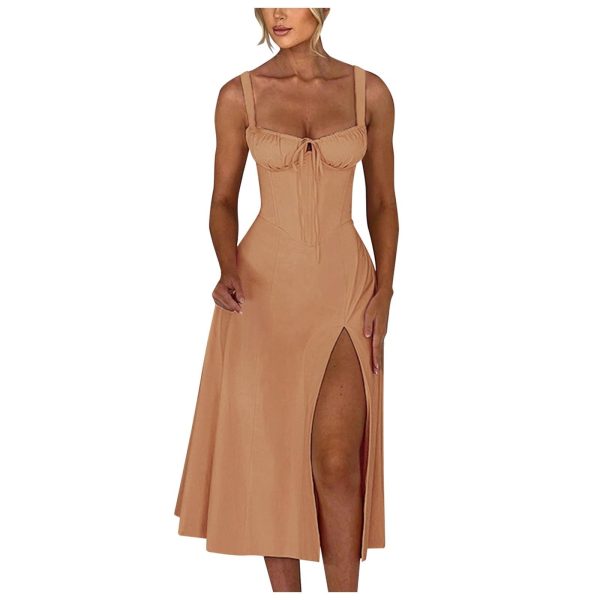 PTOLOCIF Sexy Sundresses for Women 2025 Summer Spaghetti Strap Dress Sleeveless Low Cut Bust Dress Beach Party Maxi Dresses