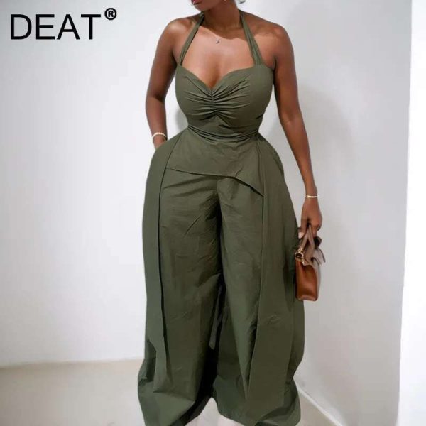DEAT Fashion Two Piece Set For Women Trendy Halter V-neck Irregular Tops Female High Waist Loose