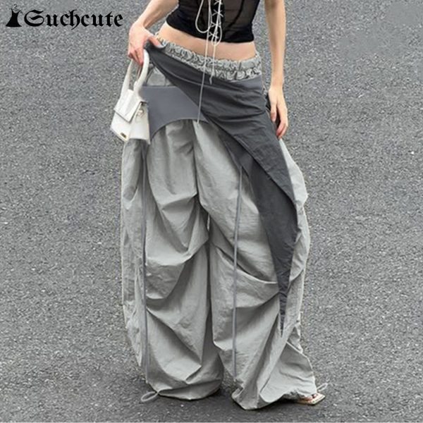 SUCHCUTE Streetwear Loose Wide Leg Oversized Trousers Y2K Street Casual Low Rise Baggy Sweatpants
