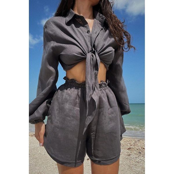 Women's Stylish Basic Shirt Linen-Inspired Sets Two Piece Sets Long Sleeve Shirt Collar Solid Color Dubbele Rij Knopen Vacation Daily Wear Weekend Dark Grey White Summer Regular Fit