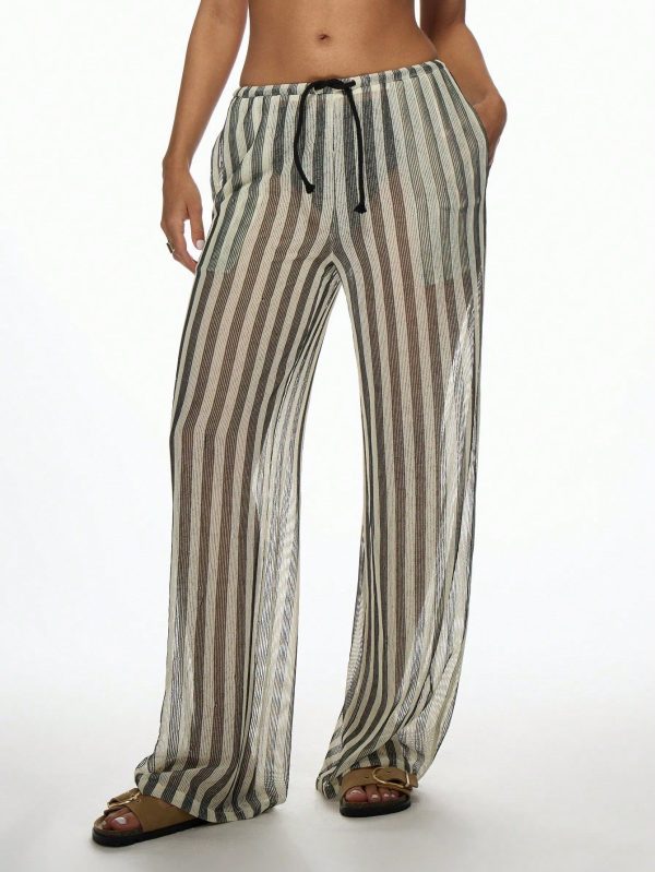 Boho Striped Wide Leg Beach Pants Resort Wear Vacation Lounge Drawstring Palazzo Trousers Summer Casual Bottoms Soft Crochet Striped