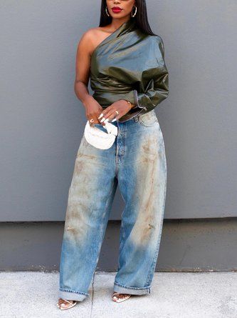 Women Casual Plain Spring/Fall Natural Turnip pants Denim Long O-Line Regular Jeans