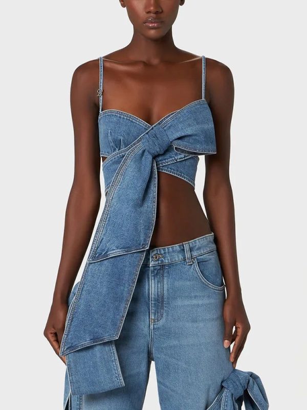 y2k spring and summer three-dimensional bow plunge sleeveless camisole Women's tube top2024korean fashion short crop top women - blue / L