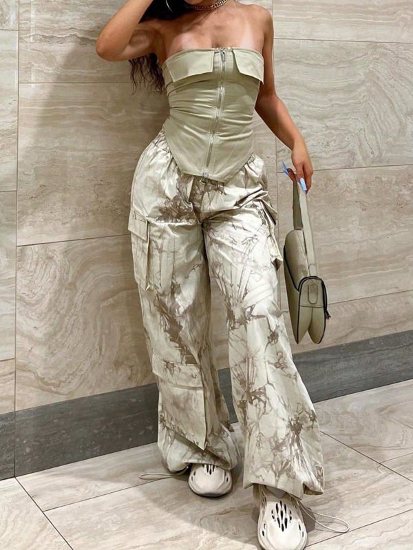 Women Outfit Sets Tube Top Crop Tops Sweatshirt Wide Leg Cargo Pants With Pockets  Summer Women Outfit
