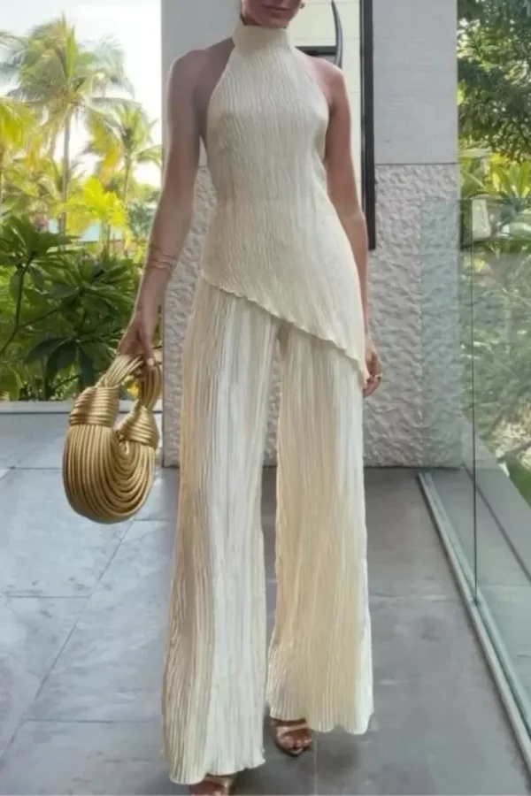 Lasaky - Chic Vacation Wear High Low Hem Tank Tops with Matching Wide Leg Pants