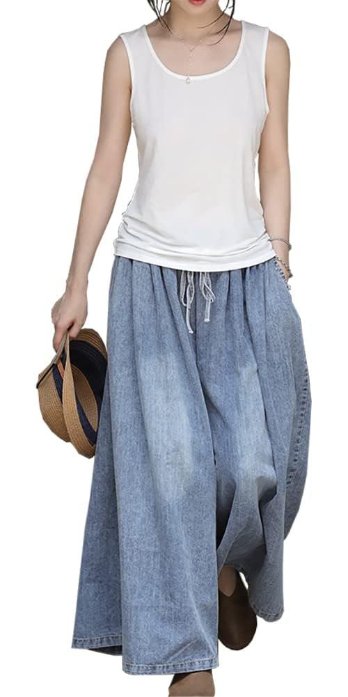 EXPOING Extra Wide Leg Denim Pants for Women Long Jeans Elastic Waist with Pockets Plus Size Loose Casual