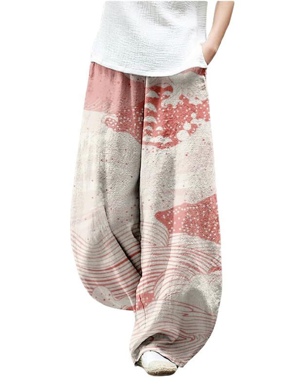 ZOCAVIA Japanese Style Lantern Pants for Women Summer Baggy Boho Floral Wide Leg Pants Elastic Hippie Trouser with Pockets