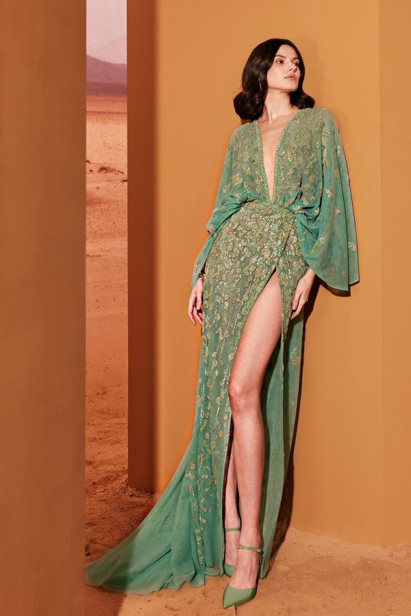 Embroidered tulle dress with high slit - FR 36 / Green