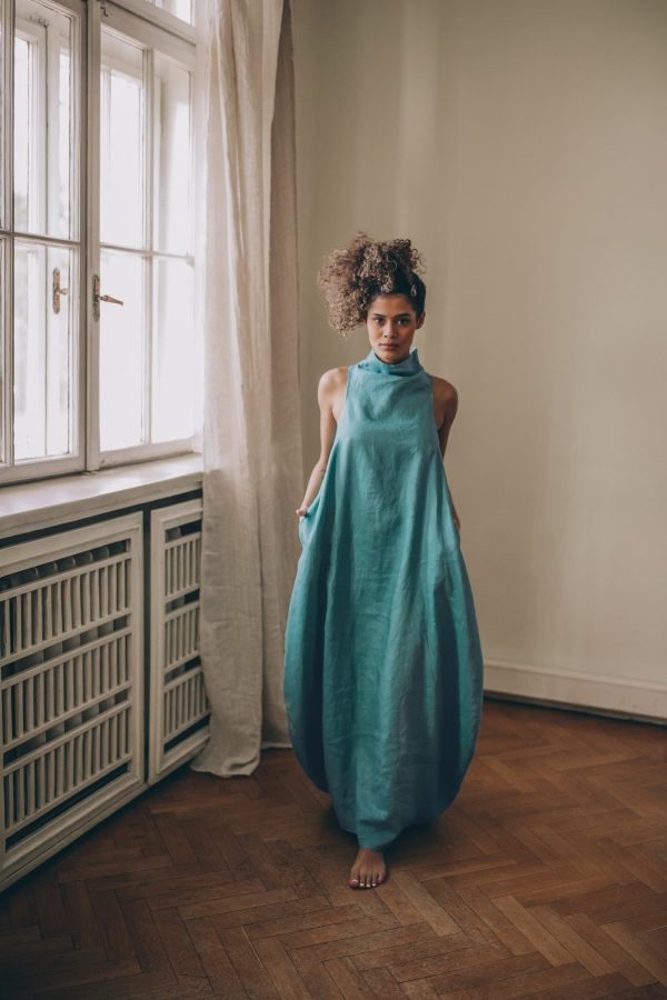 Blue Green Linen Dress, Linen Maxi Dress, Bubble Linen Dress, Summer Maxi Dress, Avantgarde Linen Dress Turtleneck, Plus Size Linen Clothing