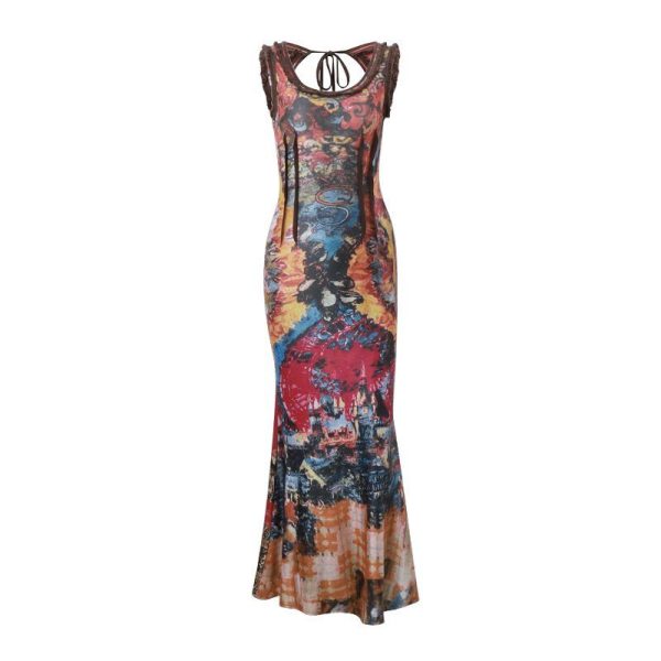 Retro Tie Dyed Printed Sexy U Collar Maxi Dress - Multi - S