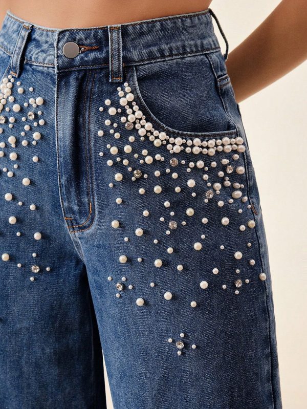 Women's Casual Holiday Festival Vacation Elegant Embellished Relaxed Wide Leg Jeans