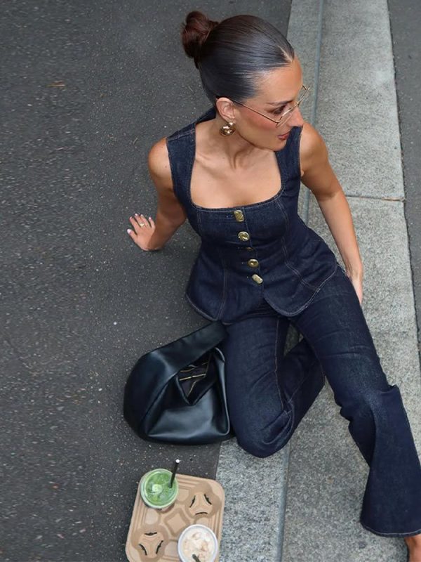 Vintage Women's Denim Sleeveless Set Crop Top With Chic Buttons Matching High Waist Slim Fit Jeans