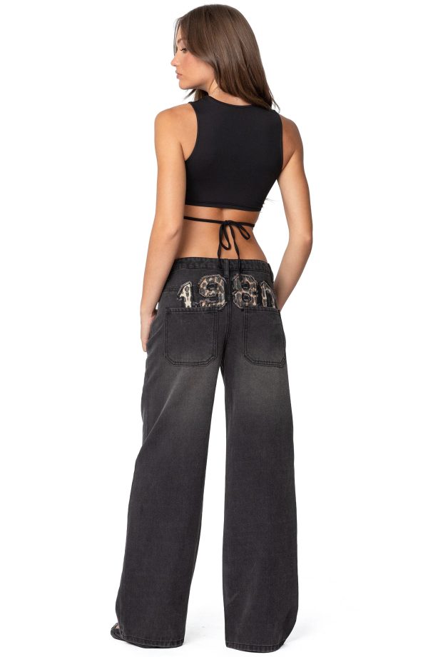 EDIKTED 1980 Patch Wide Leg Jeans in Black Washed at Nordstrom, Size Large