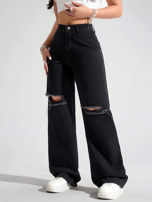 Women's Pocketed Distressed Wide Leg Loose Casual Versatile Denim Jeans