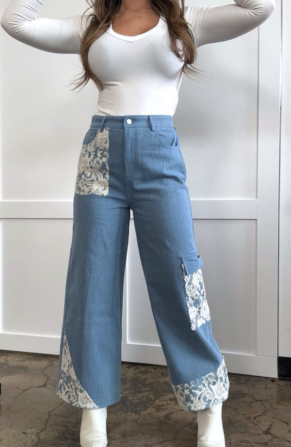 Finch Lace Patchwork Wide Leg Jeans - Light / Small