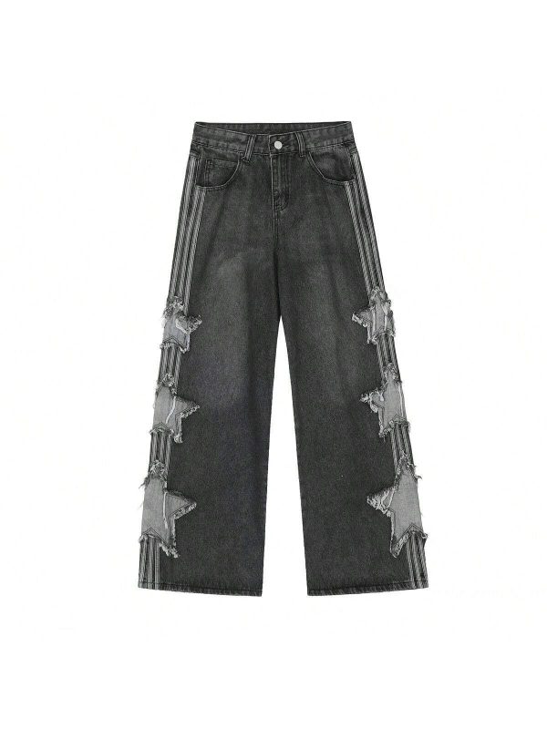 Loose American Retro Star Patchwork Draped Wide-Leg Pants, Personalized Street Straight Leg Splice Jeans For Men And Women.