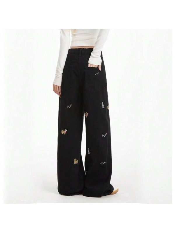 Women's High Waisted Y2K Embroidered Wide Leg Baggy Boyfriend Jeans