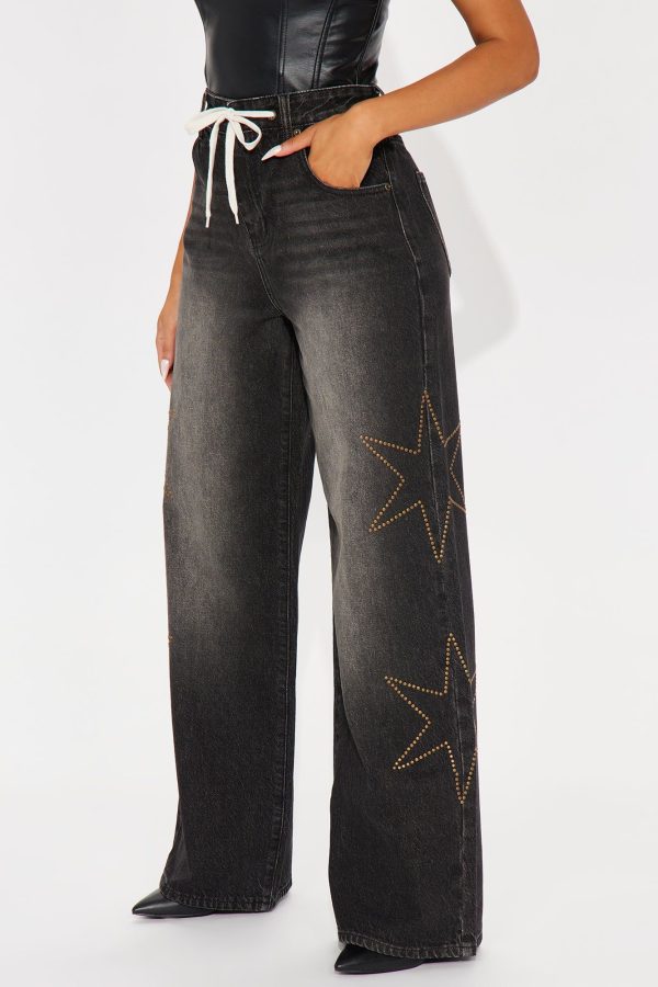Take Another Look Drawstring Baggy Jeans - Black Wash | Fashion Nova
