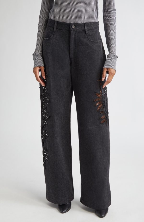 Diotima Stulla Lace Panel Wide Leg Jeans in Black at Nordstrom, Size 1