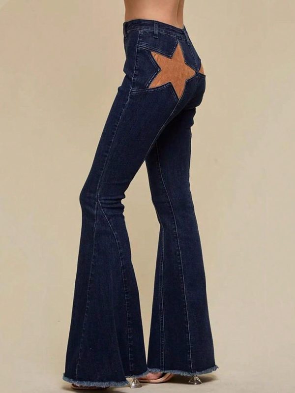 Star Patchwork Bell Bottom Jeans For Women Mid Waist Bootcut Flare Jeans Stretch Straight Leg Skinny Denim Pants