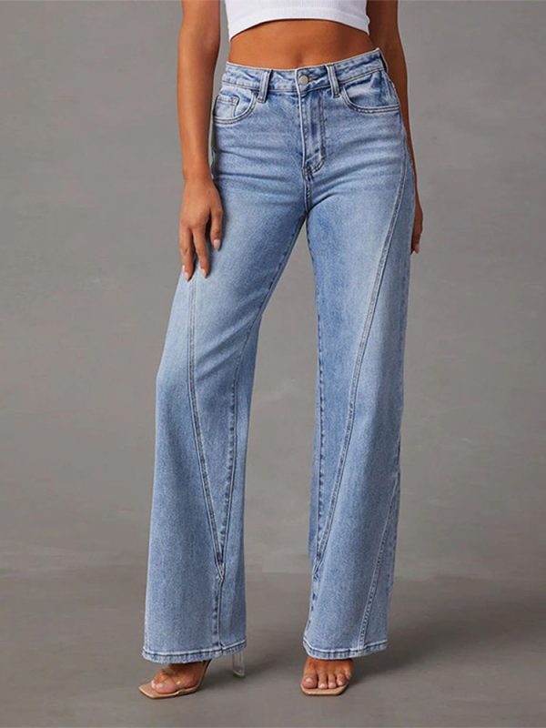 Stitching Wide Leg Jeans Fashion Full Length High Waist Button Trousers Female 2025 New Chic Spring