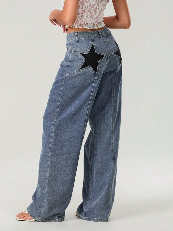 Baggy Jeans For Women Y2k Star Pattern High Waisted Straight Wide Leg Denim Pants Loose Fit 90s Vintage Jeans Cargo Denim Pants Trousers Streetwear