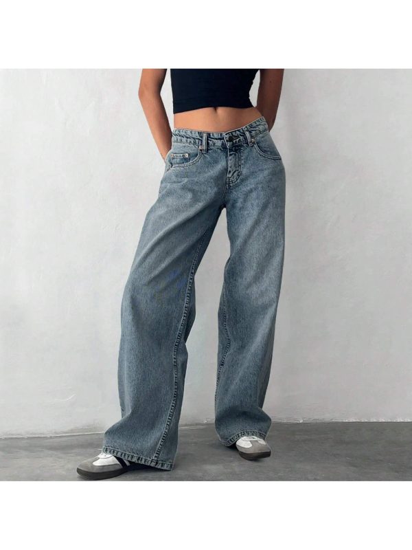 Low Waisted Loose Fit Boyfriend Baggy Jeans Stretch High Street Wide Leg Jeans Women Casual Washed Denim Trousers