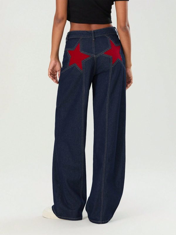 Baggy Jeans For Women Star Pattern High Waisted Straight Wide Leg Denim Pants Loose Fit Vintage 90s Jeans Streetwear Trousers Low Rise Distressed Cargo Denim Pants Aesthetic Clothes