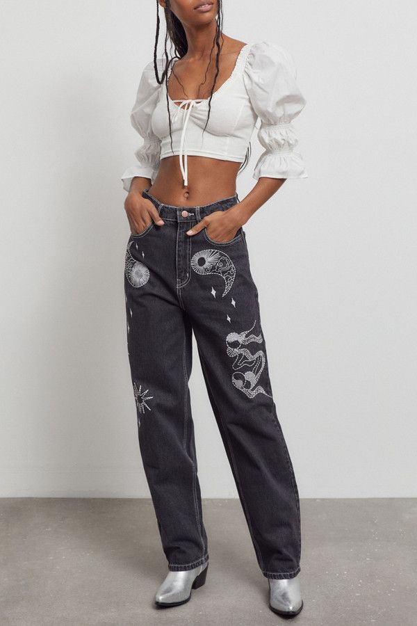 High-Waisted Embroidered Baggy Jean