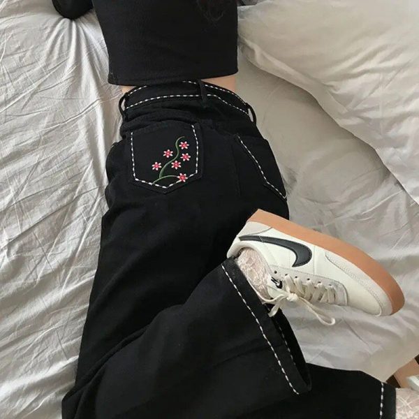 Zingj Women High Waist Denim Loose Baggy Simple Embroidery Wide Leg Trousers for Ladies All Match Summer Vintage Mopping Pockets Black-M