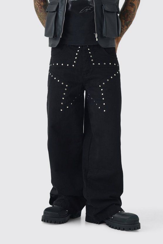 Baggy Fit Rigid Star Studded Jeans | boohooMAN USA
