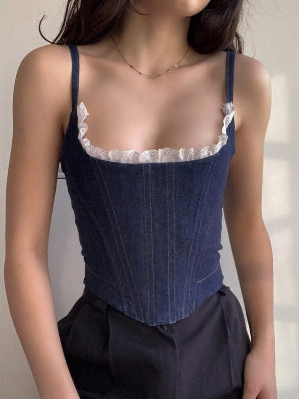 Zingj Lace Paneled Denim Corset Top-Outfit Ideas Blue-M