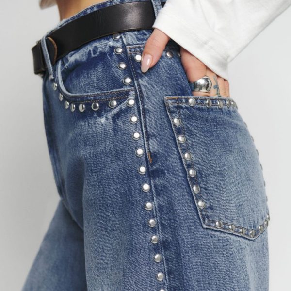 Reformation Jeans | Studded Denim Jeans With Black Belt | Color: Black/Red | Size: 25