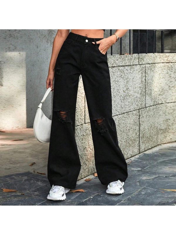 Women's High Waist Distressed Denim Wide Leg Pants: Casual Fashionable And Versatile Baggy Jeans