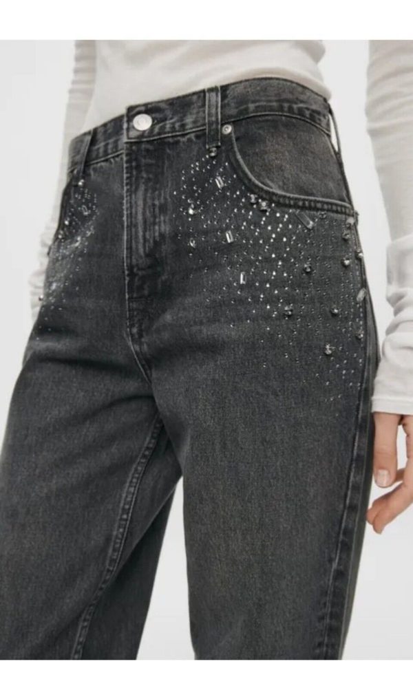 Zara Zw Collection Slim Straight Cut Jewel Jeans Gray 2553/249 Sz 8