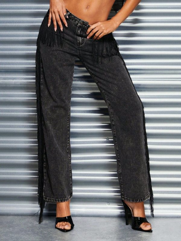 Low Rise Jeans & Fringed Decoration Ladies' Denim Pants For Nightclub Party
