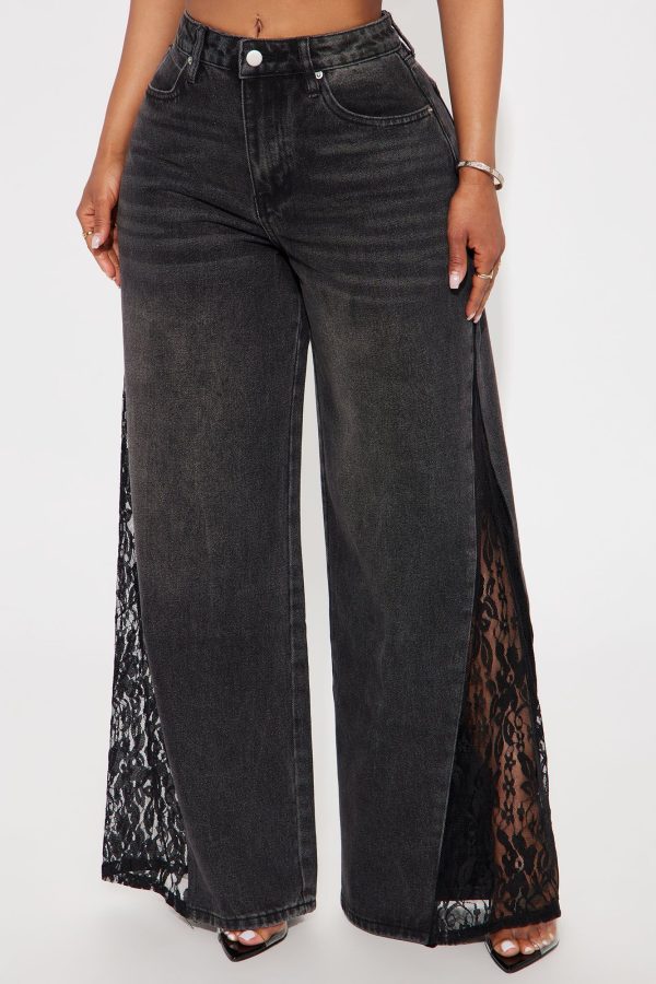 She's So Sweet Lace Trim Wide Leg Jeans - Black Wash | Fashion Nova