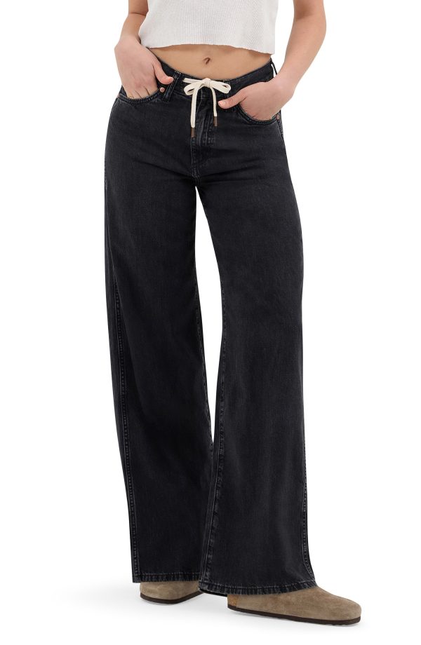 Wrangler Tie Waist Wide Leg Jeans in Rinse Black at Nordstrom, Size 28