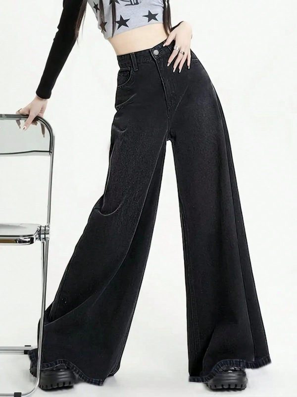 Women Solid Color Loose Wide-Leg Jeans, Buttons Zipper High-Waisted Denim Pants, With Pockets, Women Jeans And Clothing