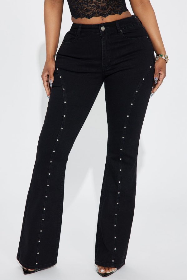 Women's Well Deserved Studded Stretch Flare Jeans in Black Size 7