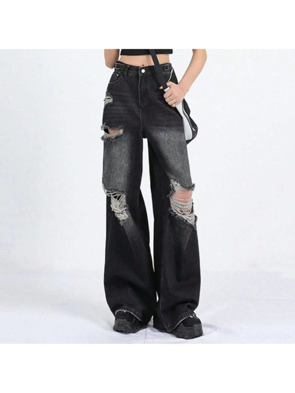Women'S Jeans 2025 Women'S Summer Fashion High Street Black Jeans Straight Hole Breaking Loose Peplum Dragging Women's Jeans