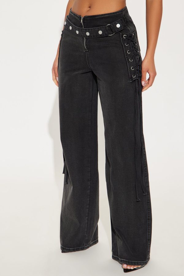 Women's Takes Work Lace Up Hardware Wide Leg Jeans in Black Wash Size 11