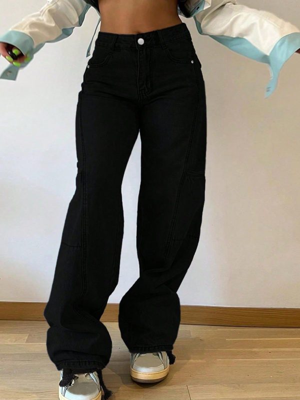Women's Loose Wide Leg Multi Pocket Jeans, Street Style Casual Loose Denim Work Pants, Women's Jeans And Clothing
