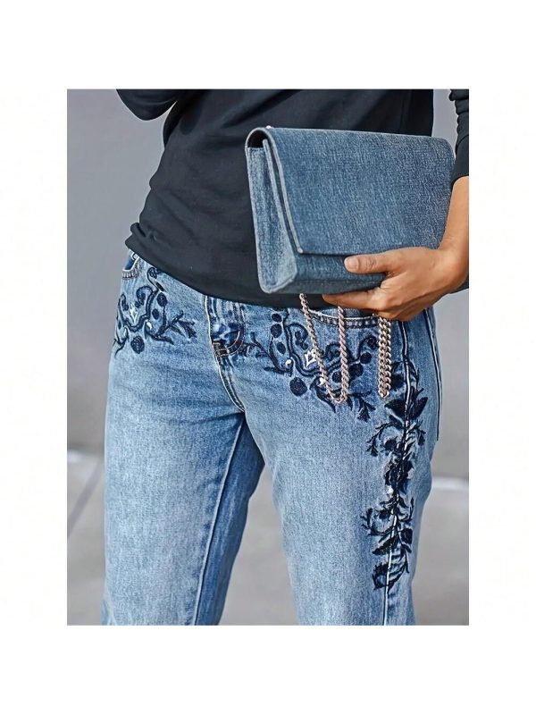 Local Delivery-Spring And Summer New Fashion Versatile Floral Embroidered Bell-Bottom Pants For Women,Plus Size Jeans,