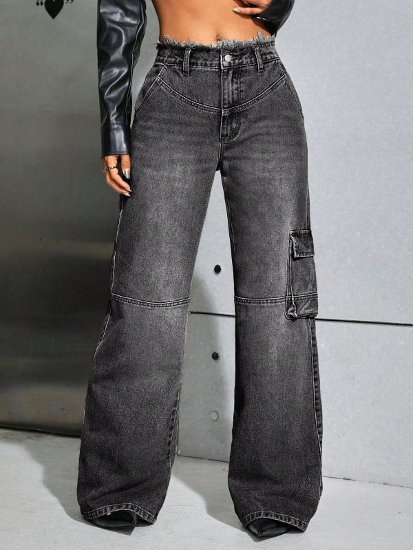Women's Button Waistband Frayed Hem Straight Loose Casual Jeans