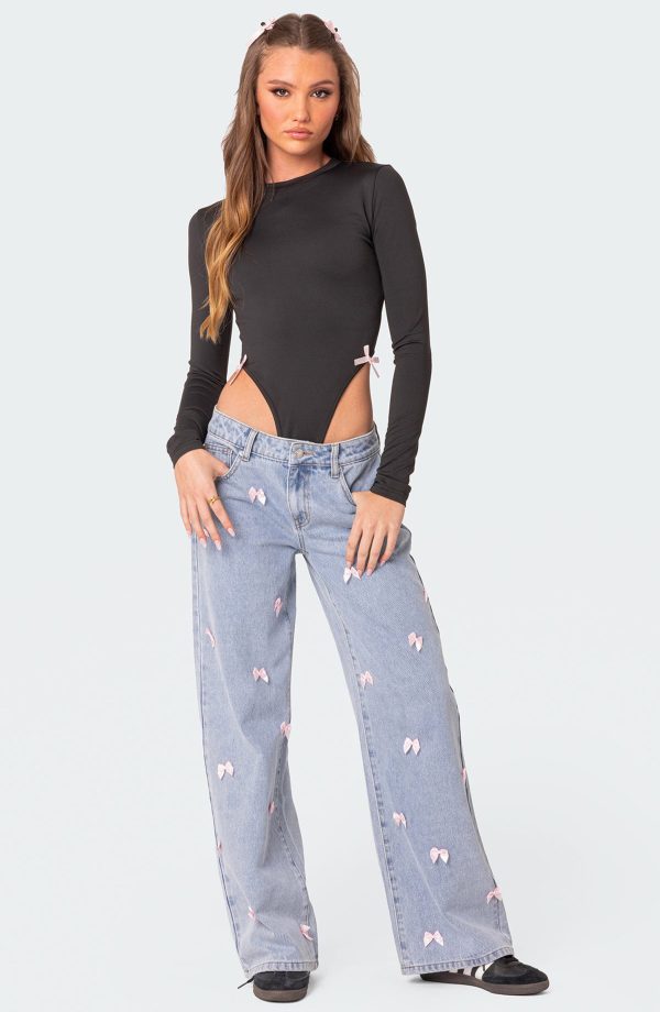 EDIKTED Lucille Satin Bow Wide Leg Jeans in Light-Blue at Nordstrom, Size Small
