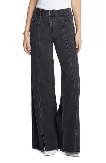 Wash Lab Denim Front Slit Wide Leg Jeans in Brushed Black at Nordstrom, Size 34