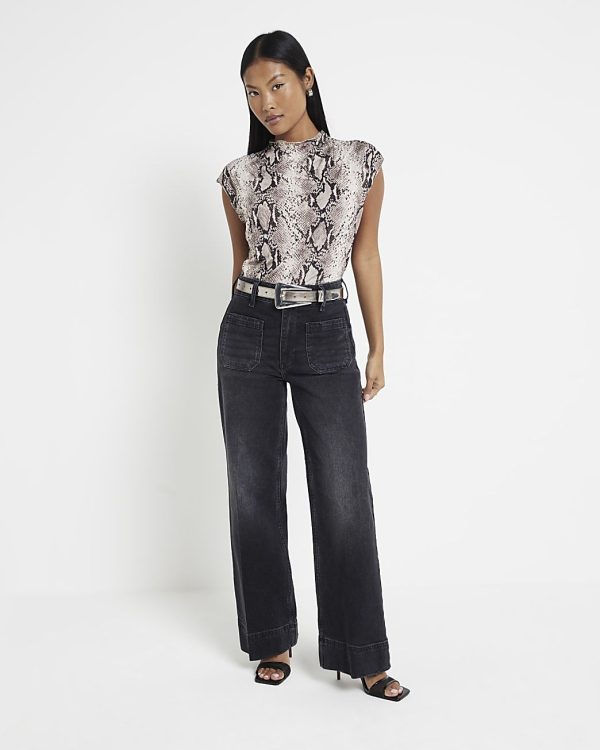 River Island Womens Petite Black High Rise Wide Leg Jeans